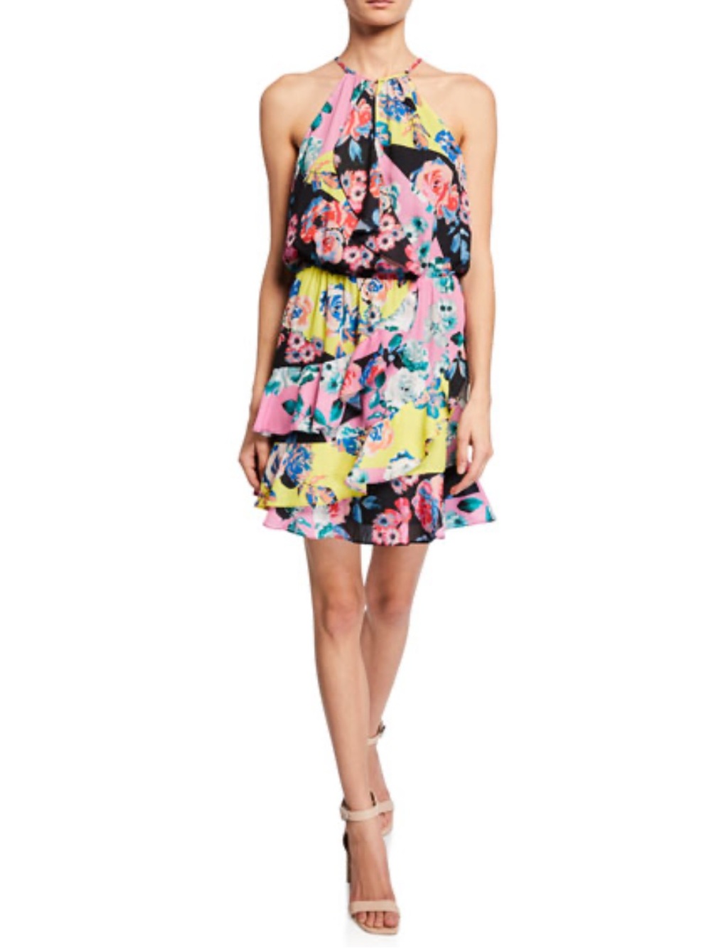 Parker “Carmine” Floral Ruffled Wrap Halter Mini Dress